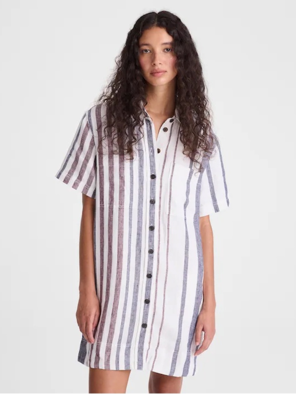 NWT Madewell White and Blue Vertical-Stripe Short-Sleeve Button-Down linen dress